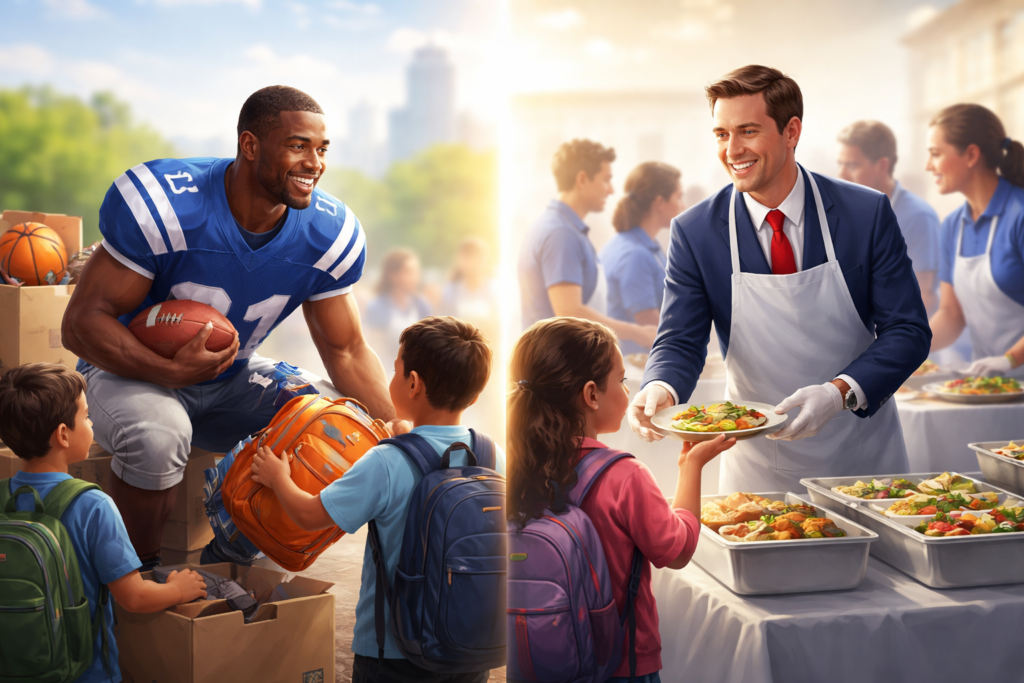 Illustration comparing athlete and politician philanthropy and brand credibility