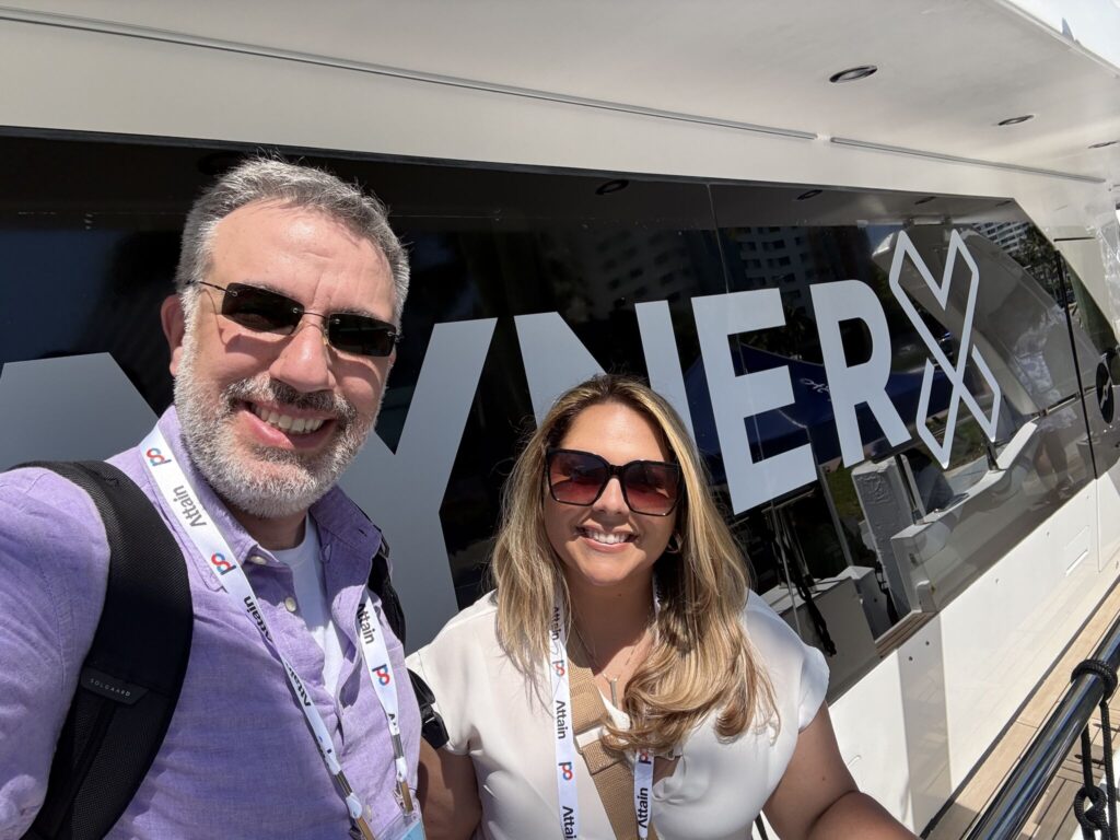 Dominick Miserandino and Vanessa Jean-Louis on the deck of the VaynerX yacht at POSSIBLE 2026