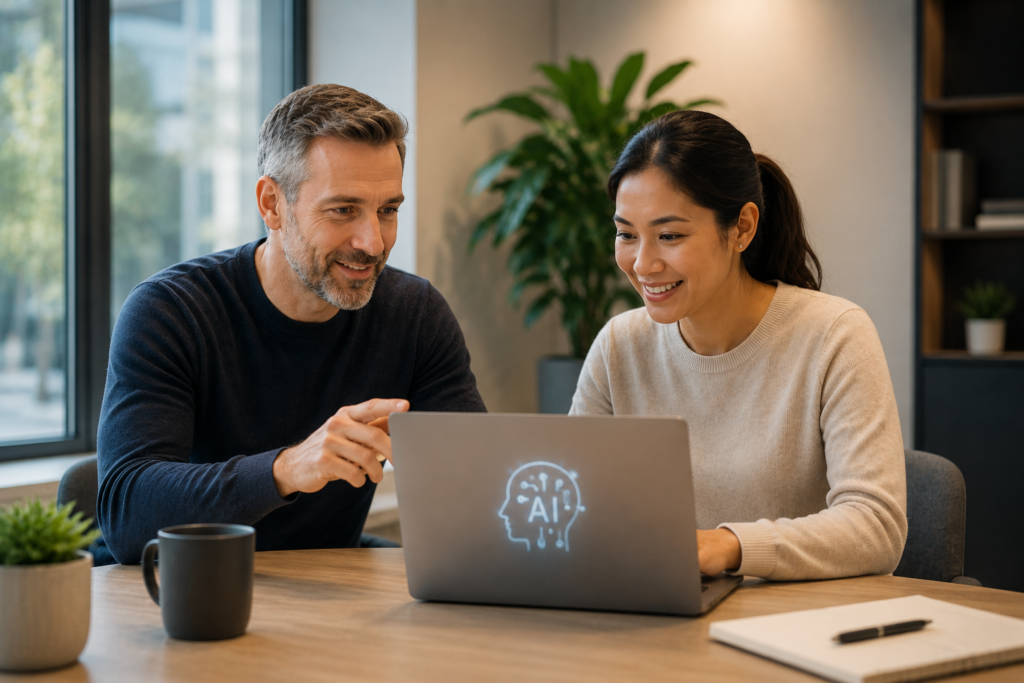 Illustration representing leaders keeping people at the center of AI adoption
